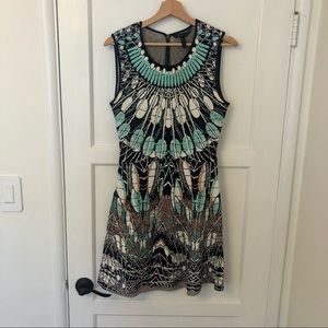 Feather print BCBG dress with key hole back